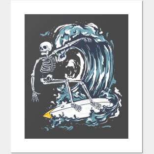 Skeleton skull surfing on the wave Posters and Art